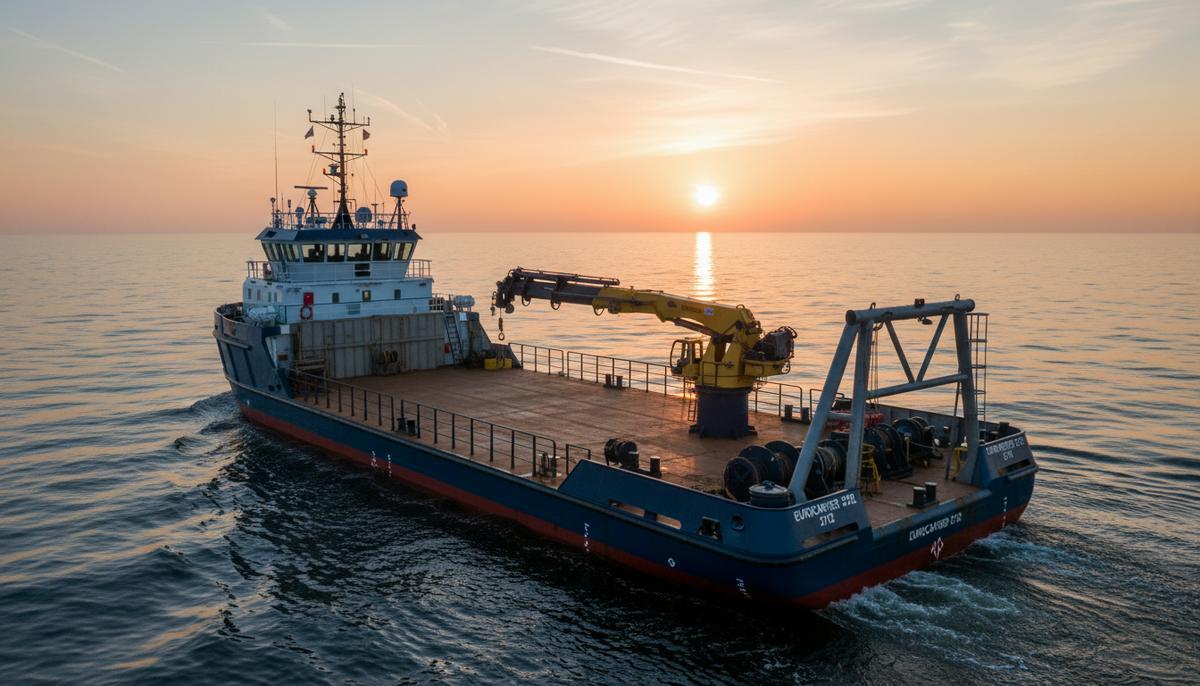 Современное рабочее судно для морских операций в открытом море на рассвете, вид сбоку, без людей на палубе.