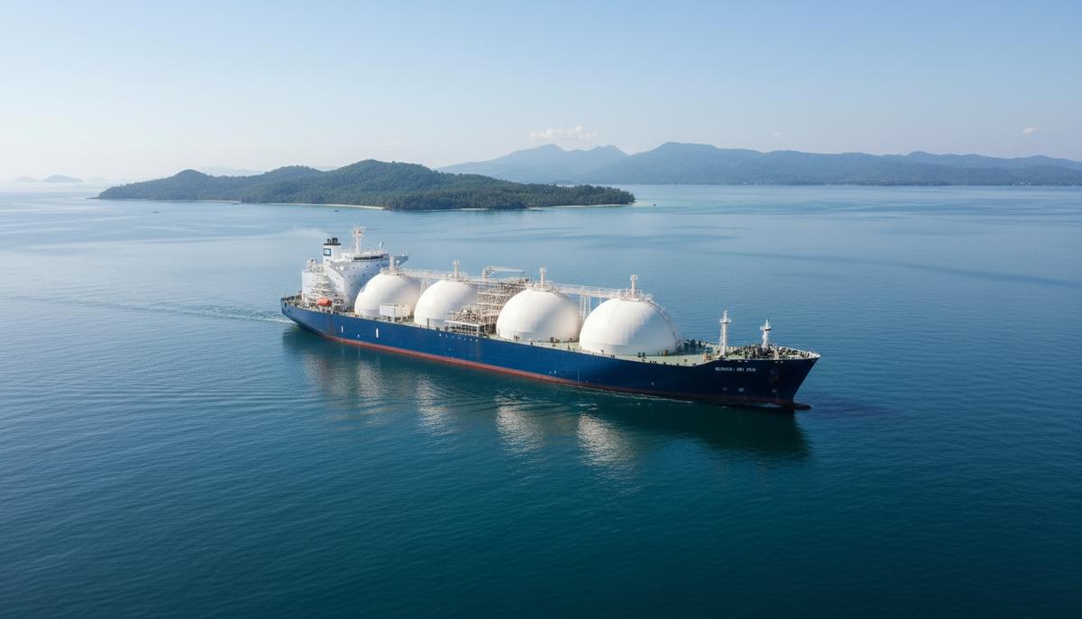 Крупный современный газовоз СПГ с шарообразными резервуарами в море у побережья тропической страны.