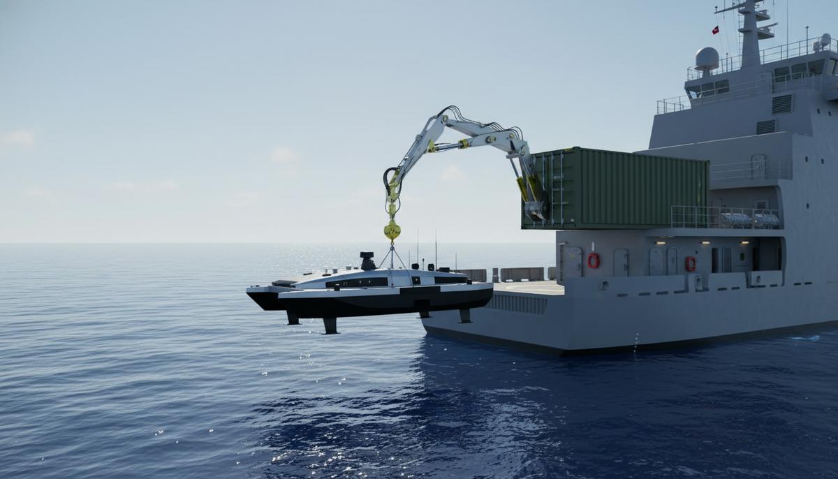 Беспилотное надводное судно спускают на воду с помощью автоматизированной системы с борта корабля в открытом море.