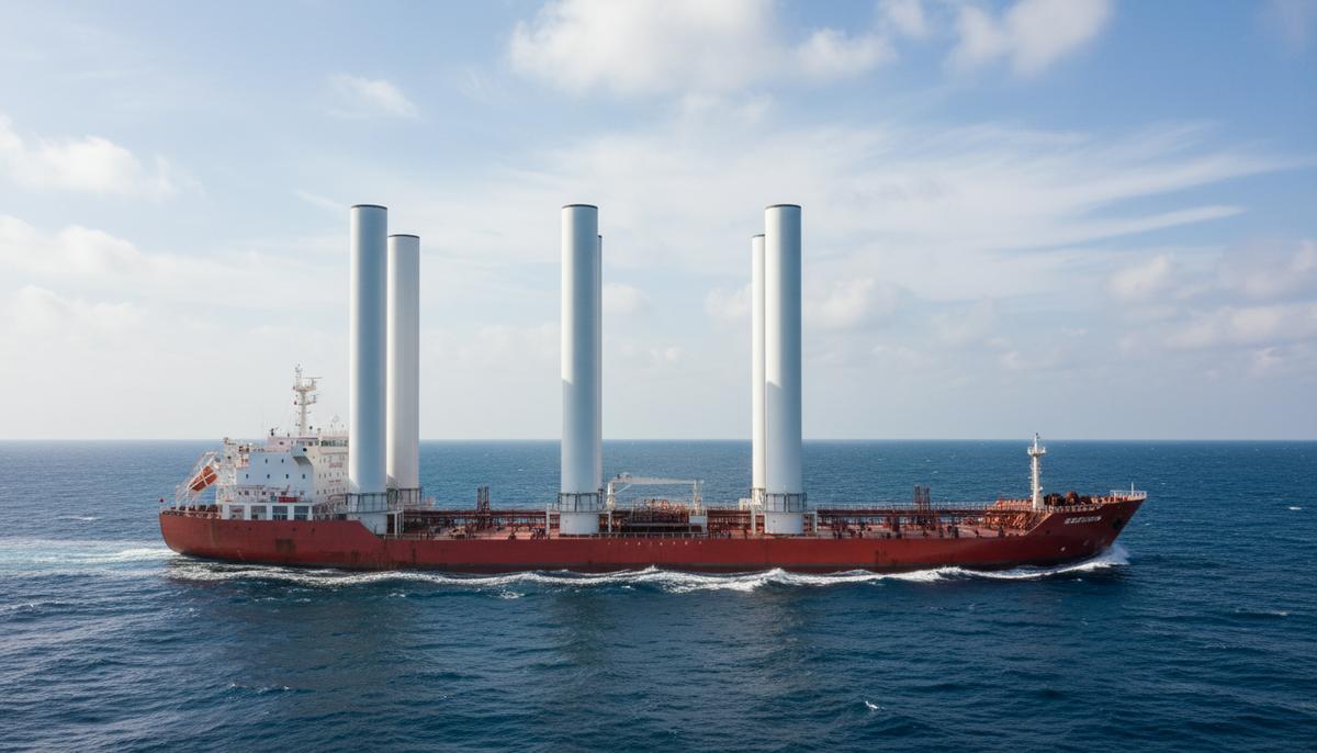 Танкер-продуктовоз в море, на палубе которого установлены четыре высоких цилиндрических всасывающих паруса eSAIL.