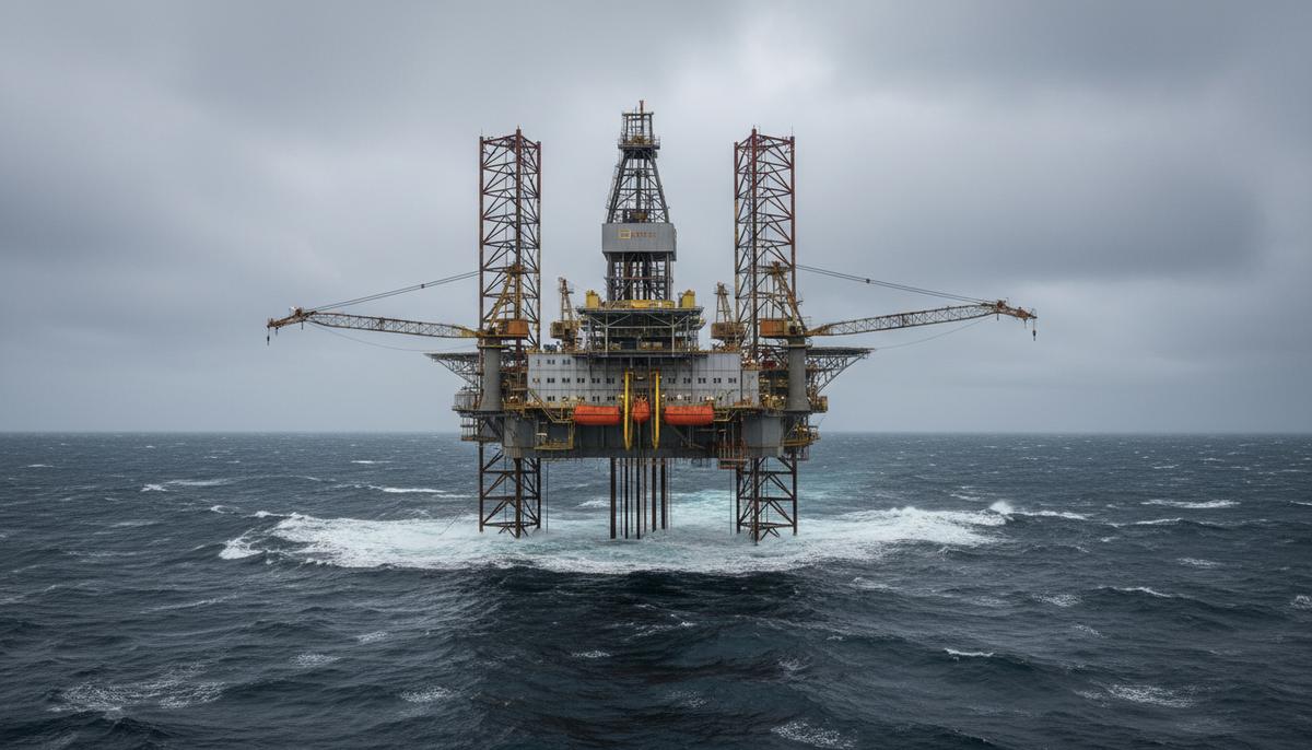 Полупогружная морская буровая установка в бурном, холодном море у побережья Норвегии под пасмурным небом.