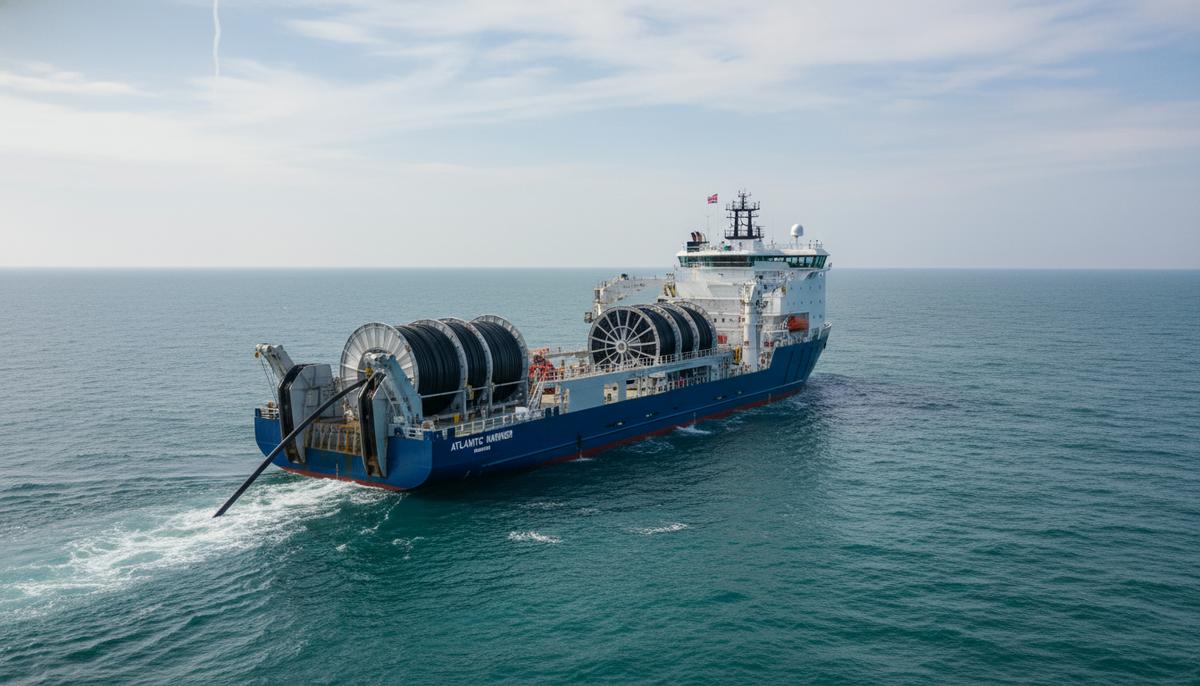 Судно-кабелеукладчик прокладывает высоковольтный морской кабель в море. На палубе видна большая катушка с кабелем.