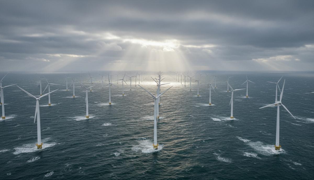 Морская ветровая электростанция в Северном море. Ряды ветряных турбин, уходящие за горизонт под облачным небом.