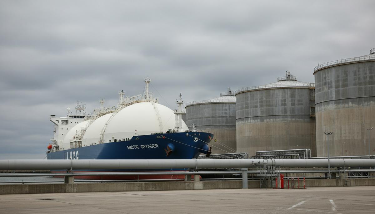 Судно-газовоз для перевозки СПГ у причала современного газового терминала с резервуарами для хранения и трубопроводом.