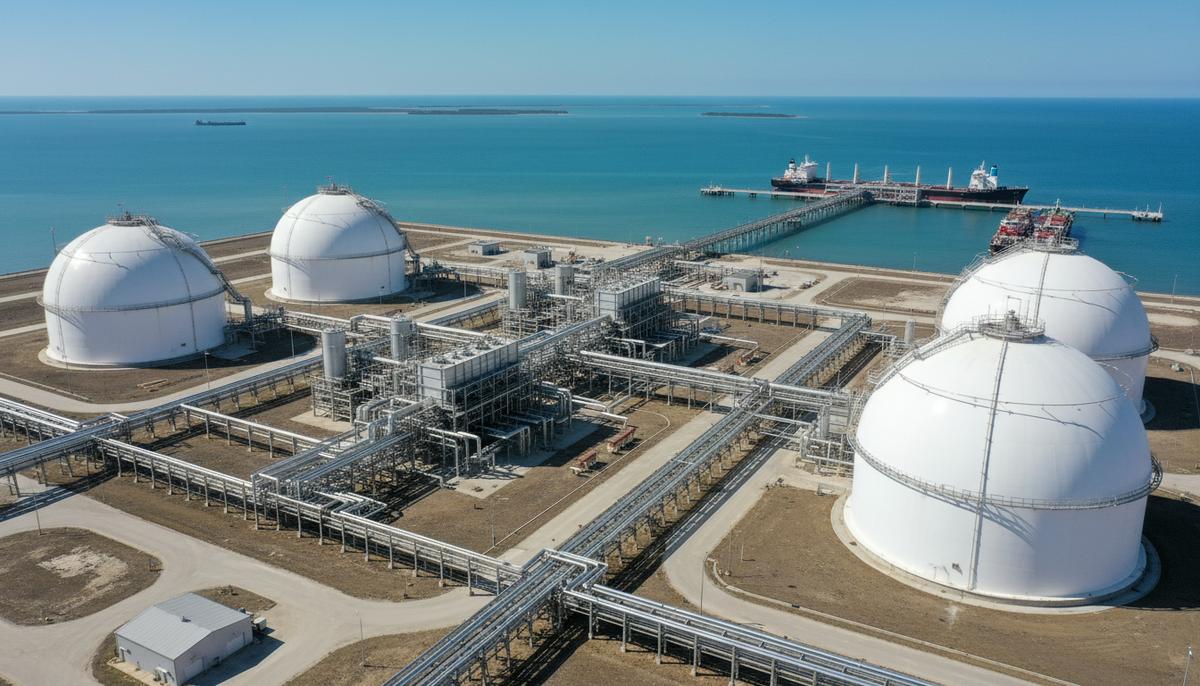 Современный завод по сжижению природного газа на побережье с крупными резервуарами, трубопроводами и морским причалом.