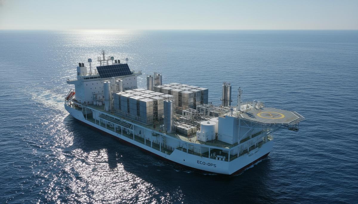 Плавучая установка для добычи, хранения и отгрузки нефти (FPSO) в открытом море. На палубе видны технологические модули.