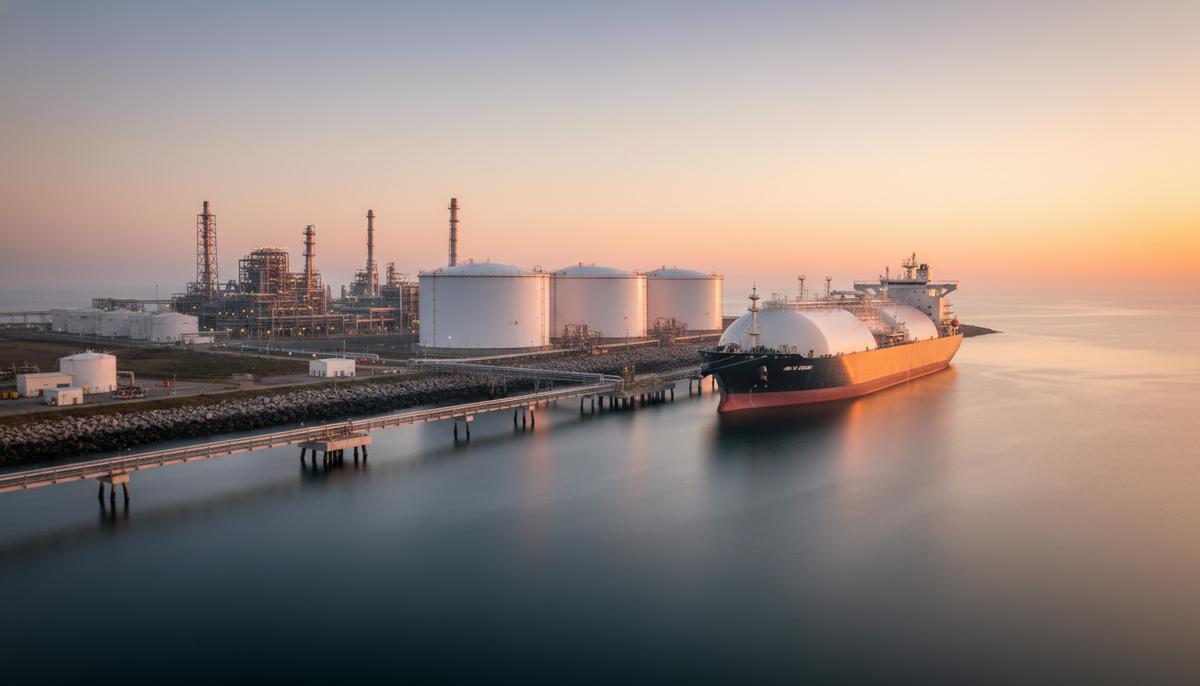 Газовоз СПГ у причала морского терминала с крупными резервуарами для хранения сжиженного газа на берегу.