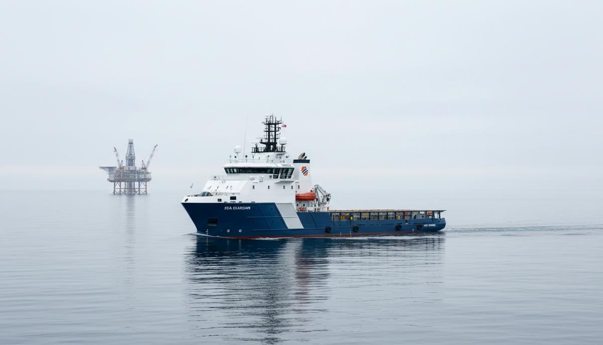 Современное судно снабжения платформ в открытом море на фоне морской нефтегазовой установки в пасмурную погоду.