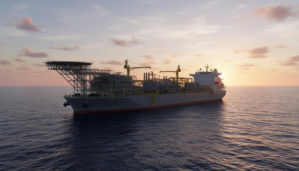 Плавучая установка для добычи, хранения и отгрузки нефти (FPSO) в открытом море на фоне восходящего солнца.