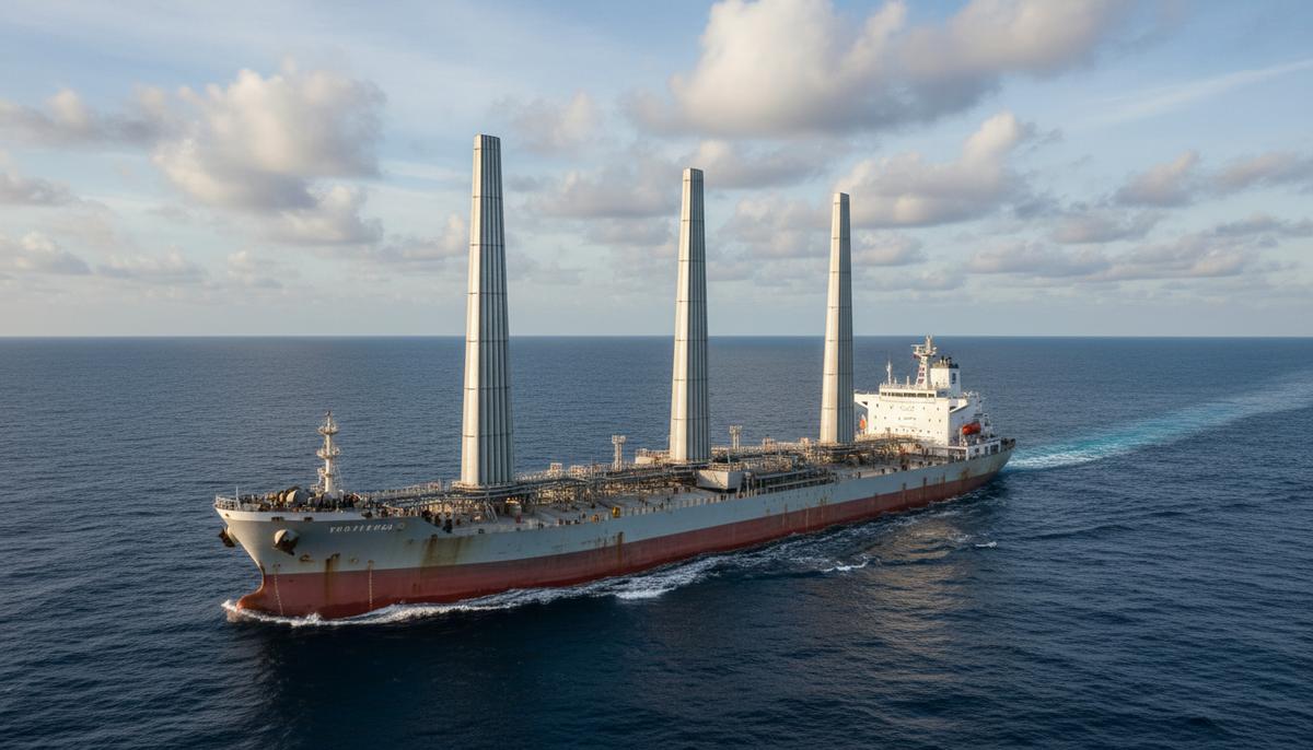 Танкер-химовоз в открытом море, оснащенный четырьмя высокими жесткими парусами для использования энергии ветра.