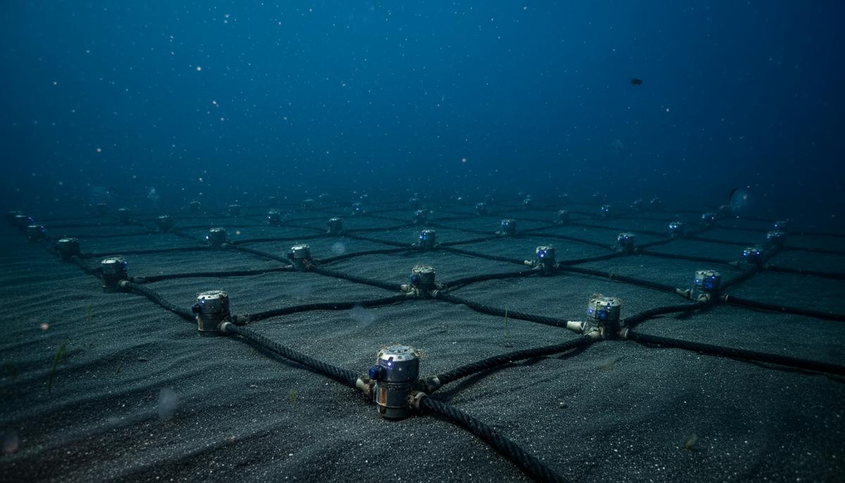 Донные сейсмические станции, соединенные кабелем, лежат на морском дне во время проведения сейсморазведки.