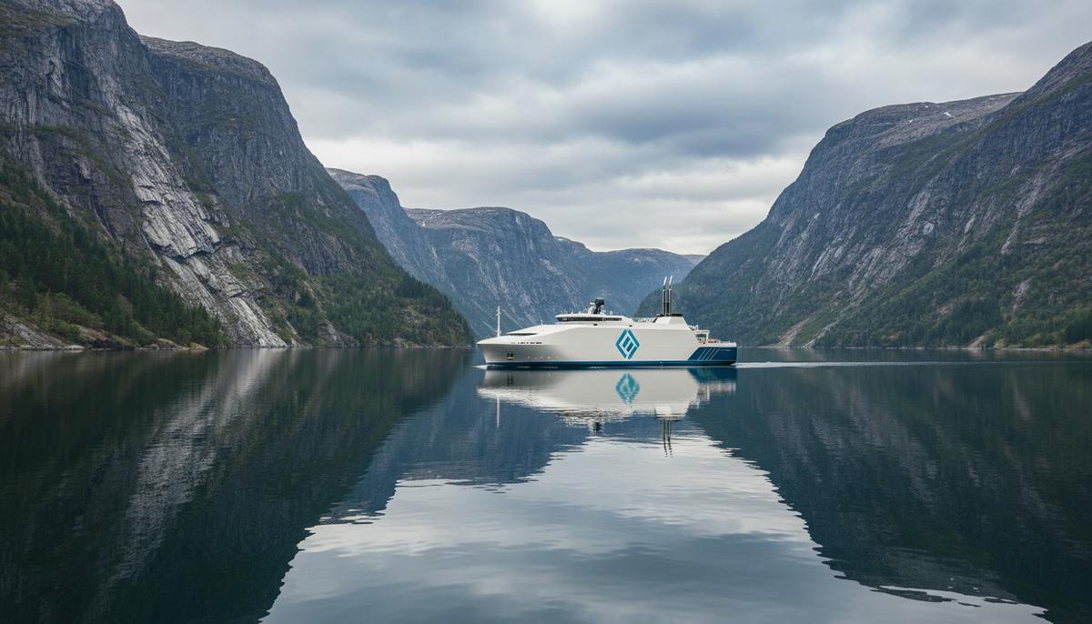 Современное грузовое судно для короткоплечих перевозок плывет по фьорду на фоне скалистых берегов.