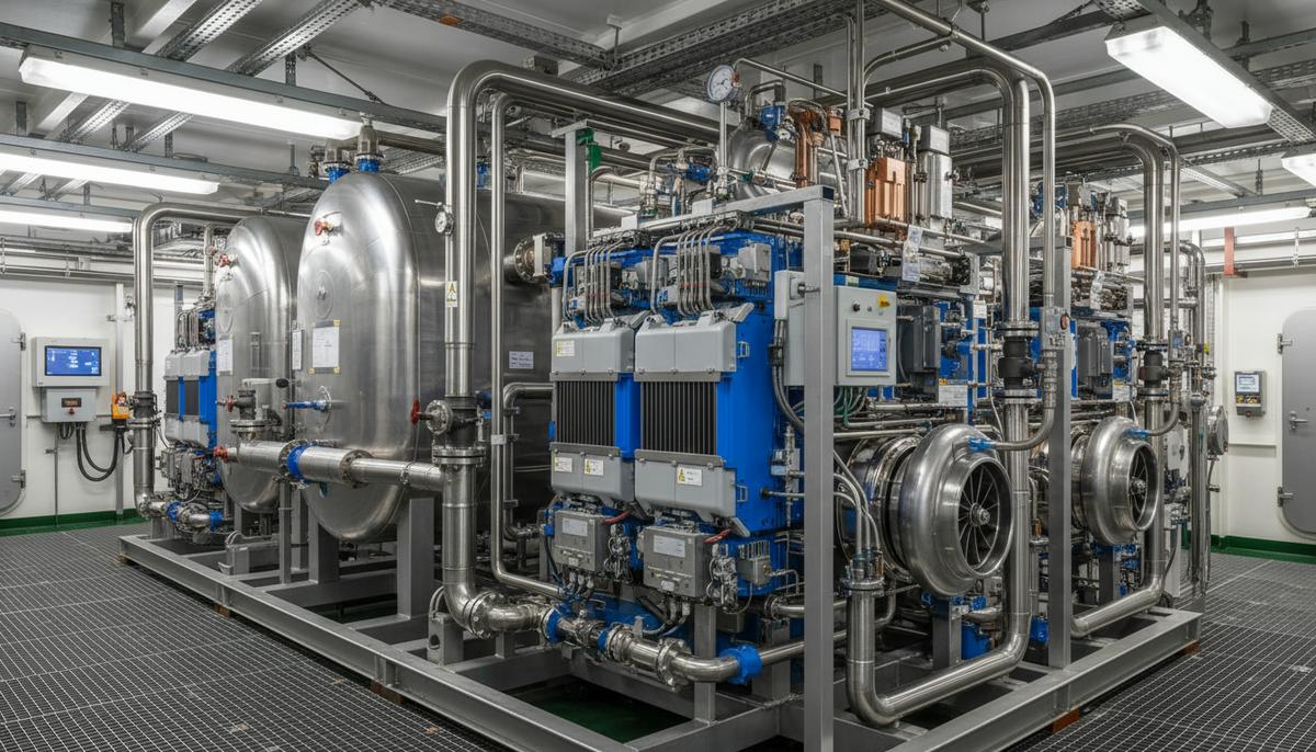 Современная силовая установка на аммиаке и водородных топливных элементах в машинном отделении большого грузового судна.