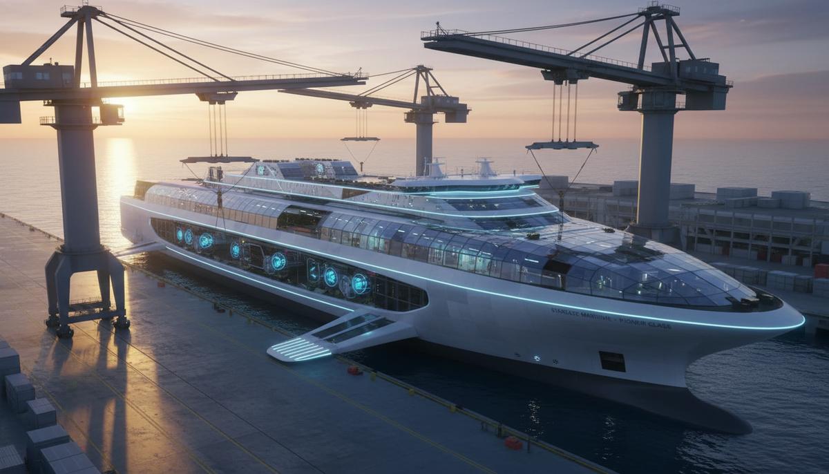 Новое грузовое судно типа Ro-Ro футуристического дизайна на верфи на рассвете, вид на усовершенствованный корпус.