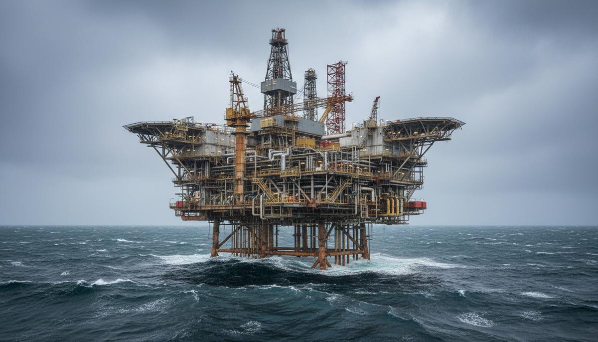 Морская нефтегазовая платформа «Браге» в Северном море в пасмурный день.