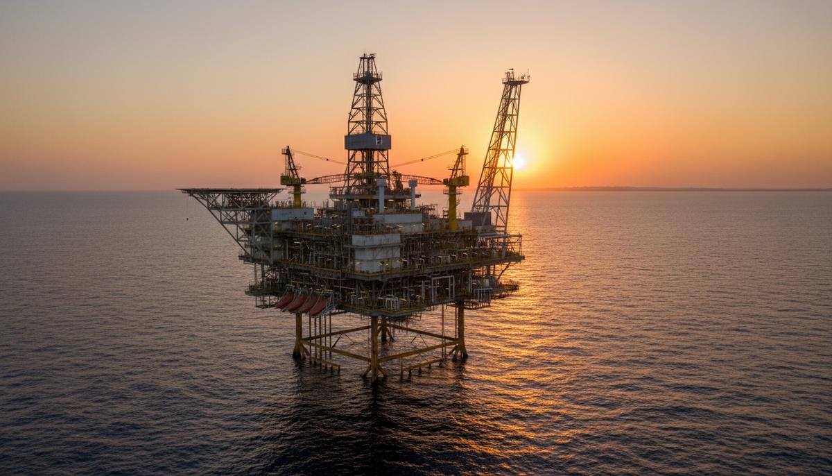Морская нефтегазовая платформа в Средиземном море у побережья Египта на закате. Видны буровая вышка и вертолетная площадка.