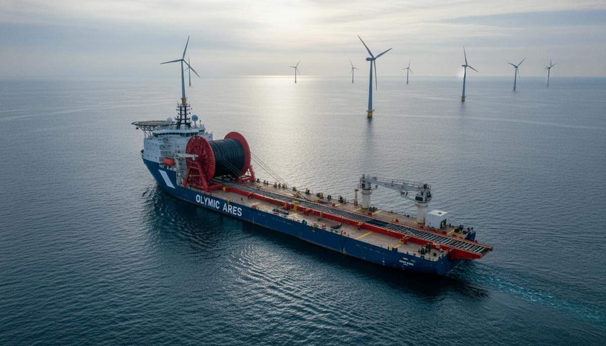 Многофункциональное судно Olympic Ares с оборудованием для укладки кабеля на палубе в море на фоне ветрогенераторов.