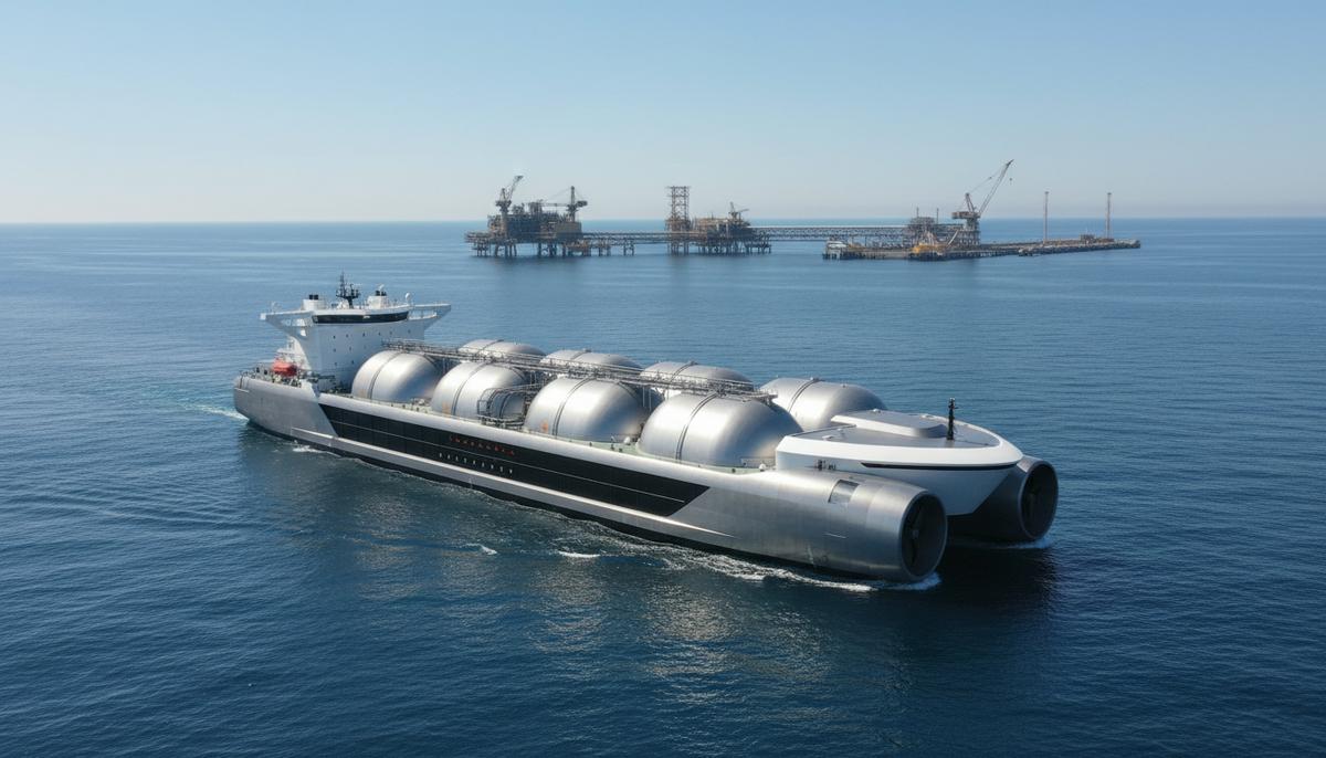 Современное судно-газовоз для перевозки сжиженного CO2 в открытом море. На заднем плане виден морской промышленный терминал.