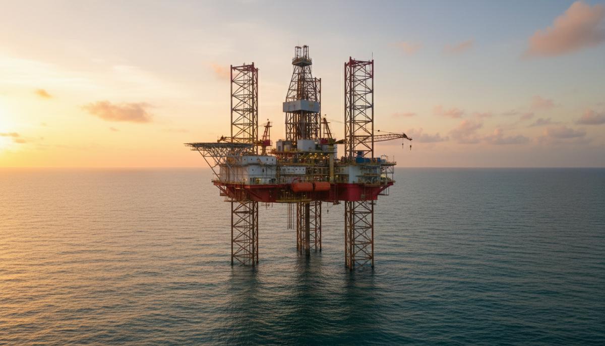 Современная самоподъемная морская буровая установка стоит в открытом море на трех опорах. Спокойная вода, ясное небо.