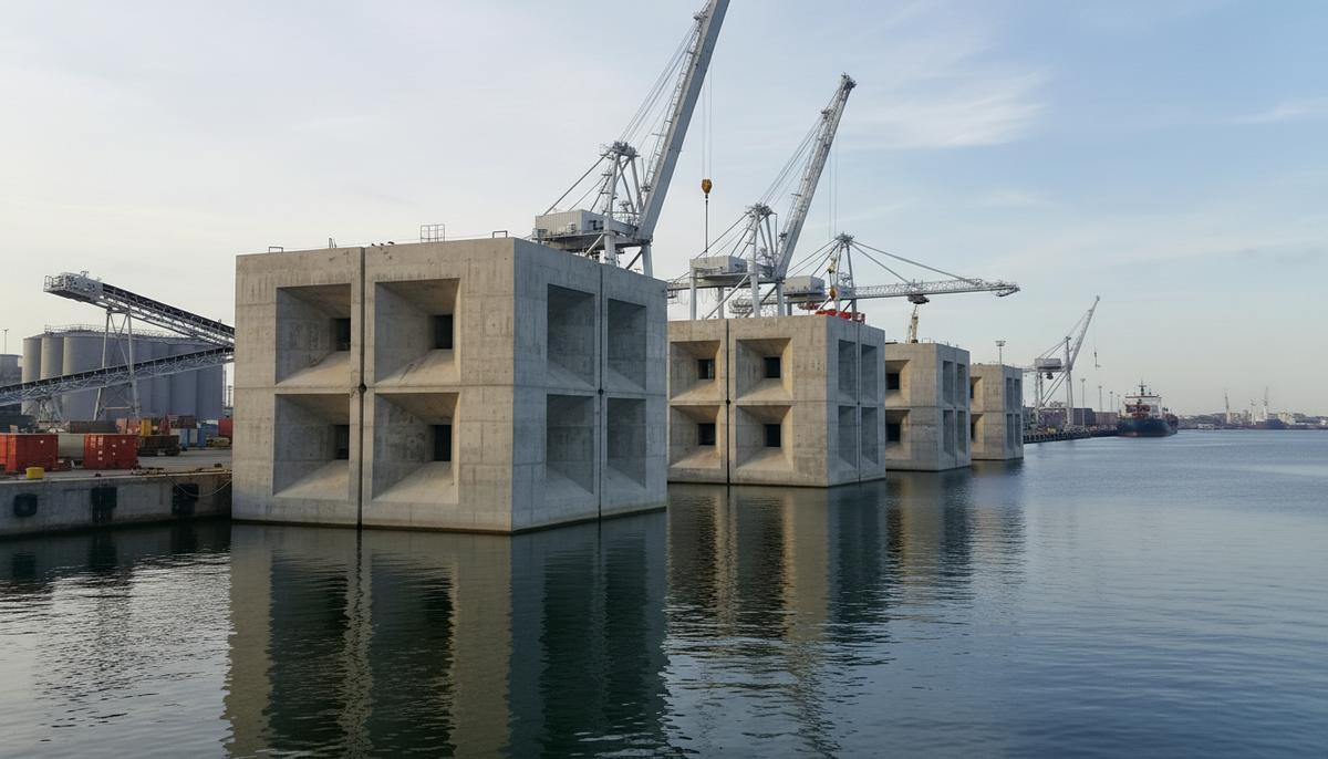 Массивные бетонные конструкции для морского энергоострова в акватории портового терминала Скальдия.