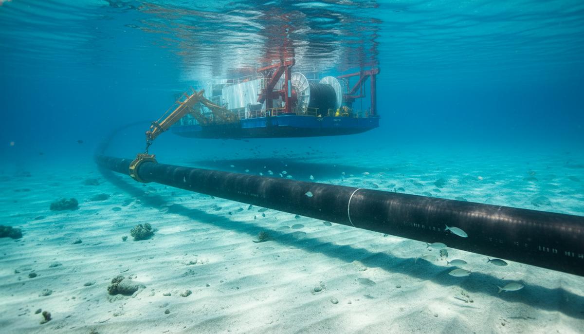 Толстый силовой кабель, укладываемый на песчаное морское дно. На поверхности видна часть специализированного судна-кабелеукладчика.