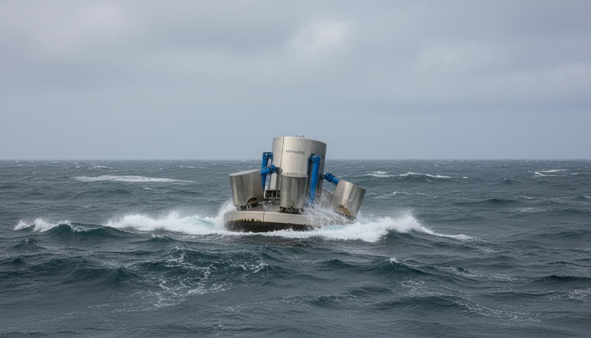 Инновационный преобразователь энергии волн, установленный в открытом море, качается на поверхности воды под пасмурным небом.