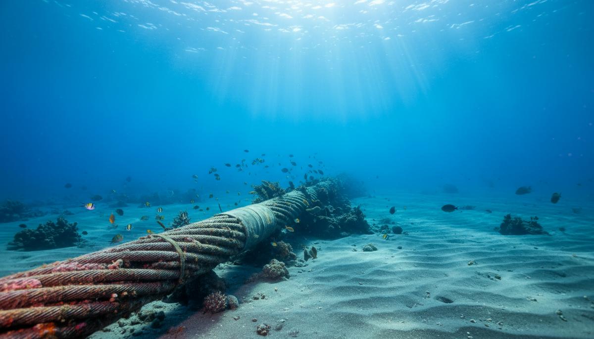 Подводный силовой кабель на песчаном дне Средиземного моря, освещенный лучами солнца, уходящий в синюю даль.