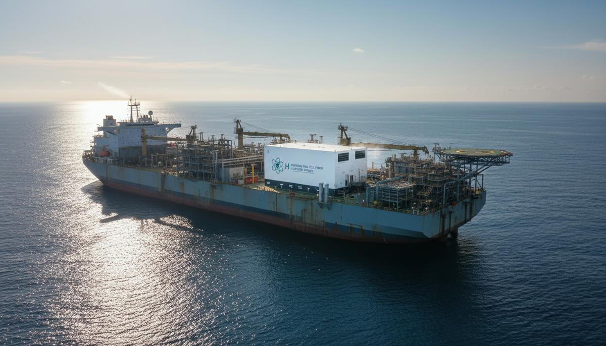Плавучая установка для добычи, хранения и отгрузки (FPSO) в открытом море. На палубе виден новый модуль энергетической системы.