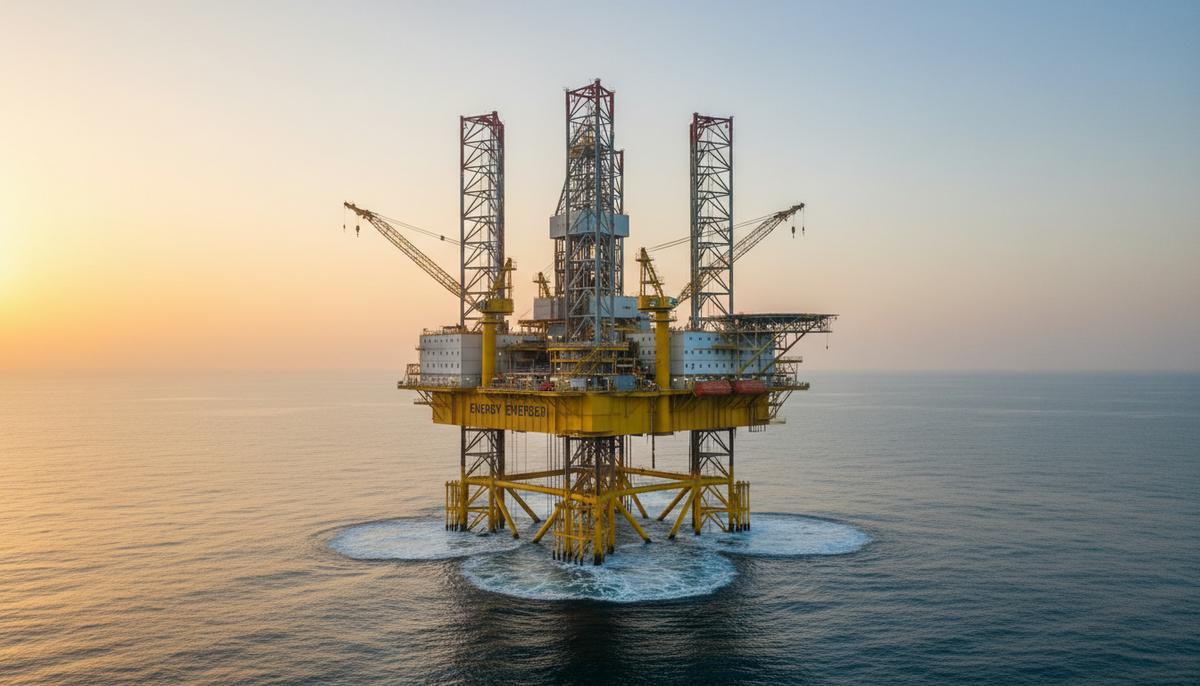 Самоподъемная морская буровая установка Energy Emerger на опорных колоннах в море у побережья Омана на рассвете.