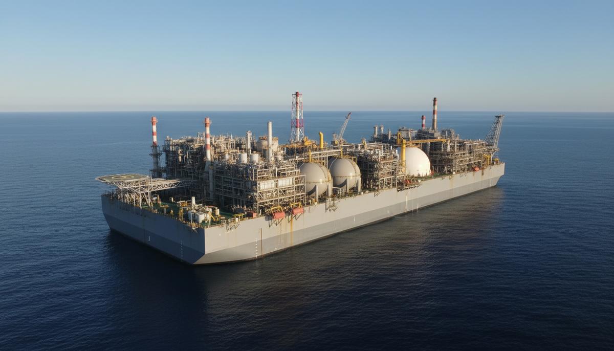 Плавучая установка для производства сжиженного природного газа (СПГ) в открытом море на фоне спокойной воды и ясного неба.