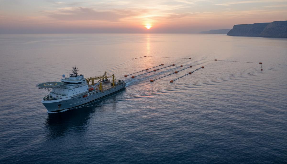 Современное судно для морской геологоразведки в спокойном море на рассвете. За судном в воде тянутся сейсмические косы.