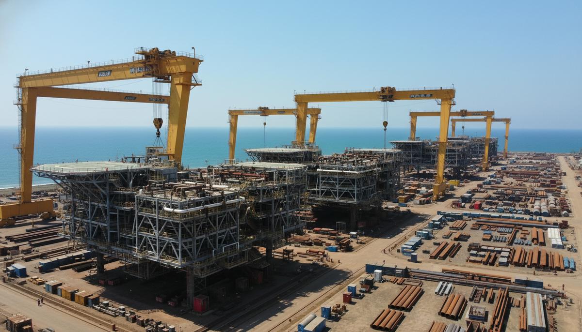 Крупная прибрежная производственная площадка с гигантскими кранами и стальными модулями для нефтегазовых платформ.