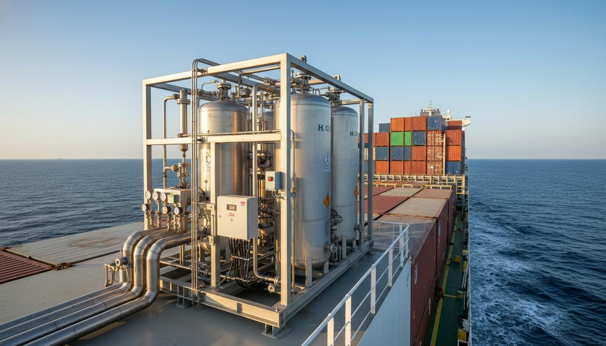 Современная установка для производства водорода с трубами и баками на палубе грузового судна в открытом море.