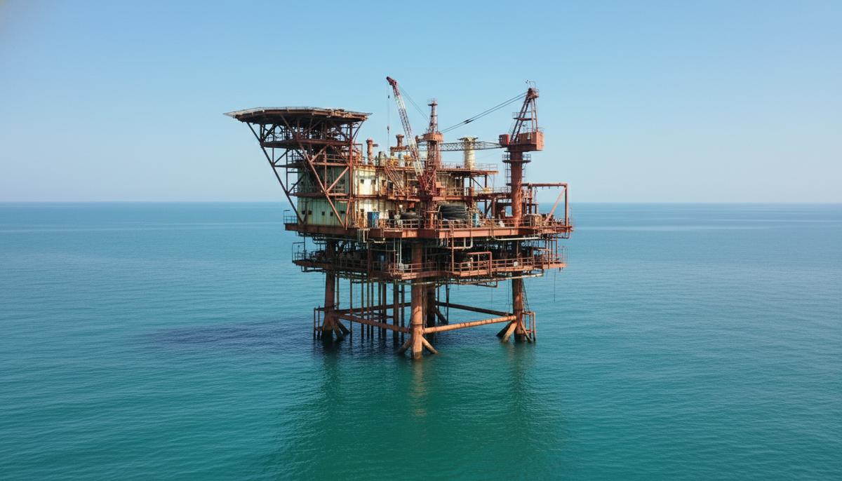 Старая морская нефтегазовая платформа с признаками коррозии в Персидском заливе. Вид на металлическую конструкцию и оборудование.