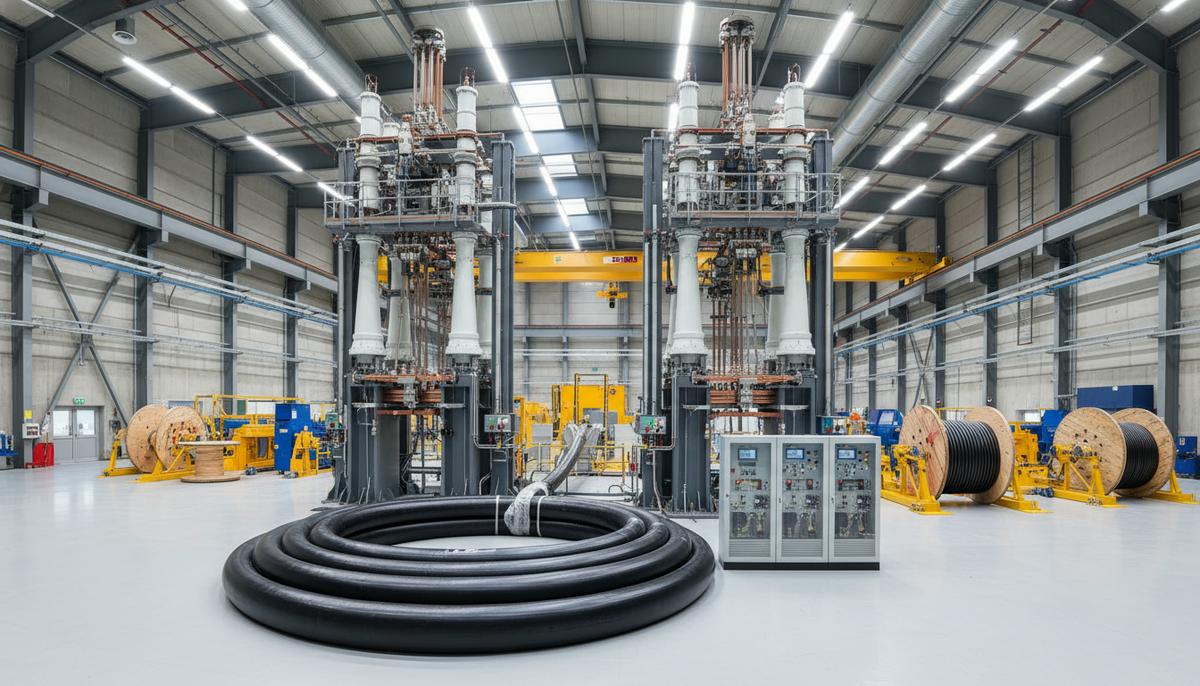 Просторный цех испытательного центра. Толстый подводный кабель подключен к высоковольтному тестовому оборудованию.
