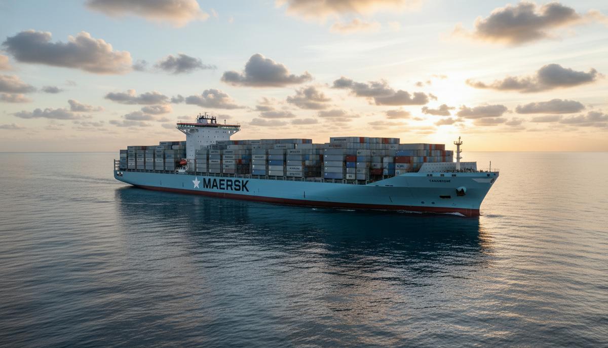 Современный контейнеровоз «Tangier Mærsk» светло-серого цвета с логотипом Maersk и контейнерами на борту в открытом море.