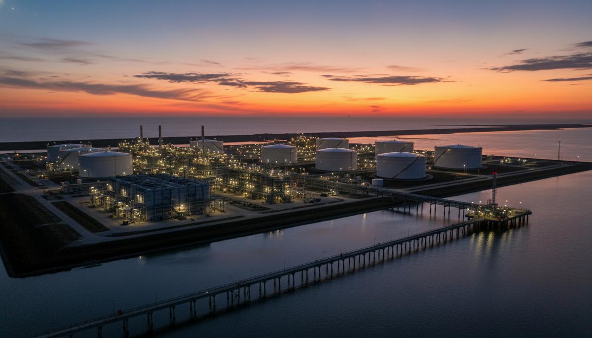 Морской терминал сжиженного природного газа (СПГ) в Луизиане с резервуарами хранения и причалом для танкеров.