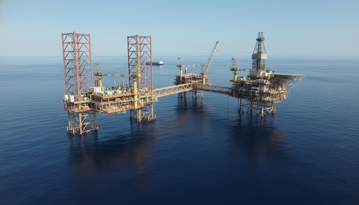 Крупная морская буровая платформа для добычи нефти и газа, расположенная в открытом океане под ясным небом.