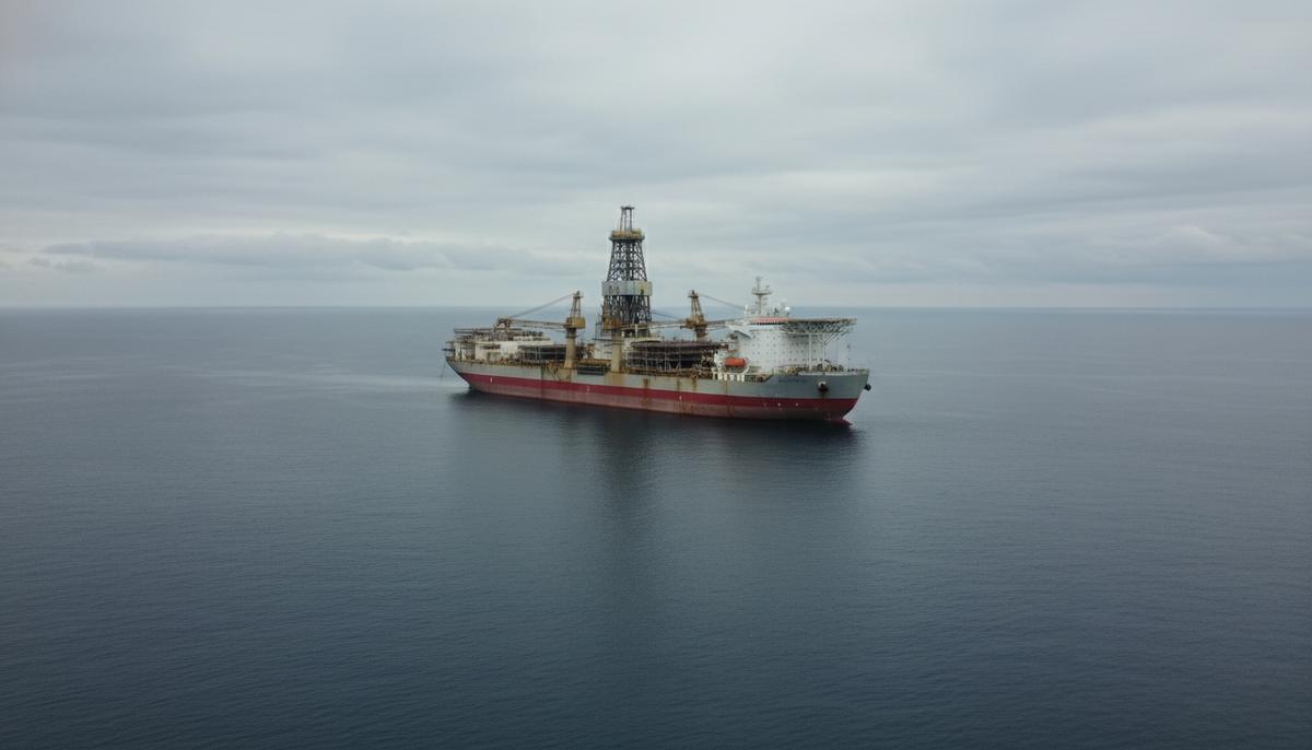 Буровое судно ведет разведочное бурение в открытых водах Черного моря.