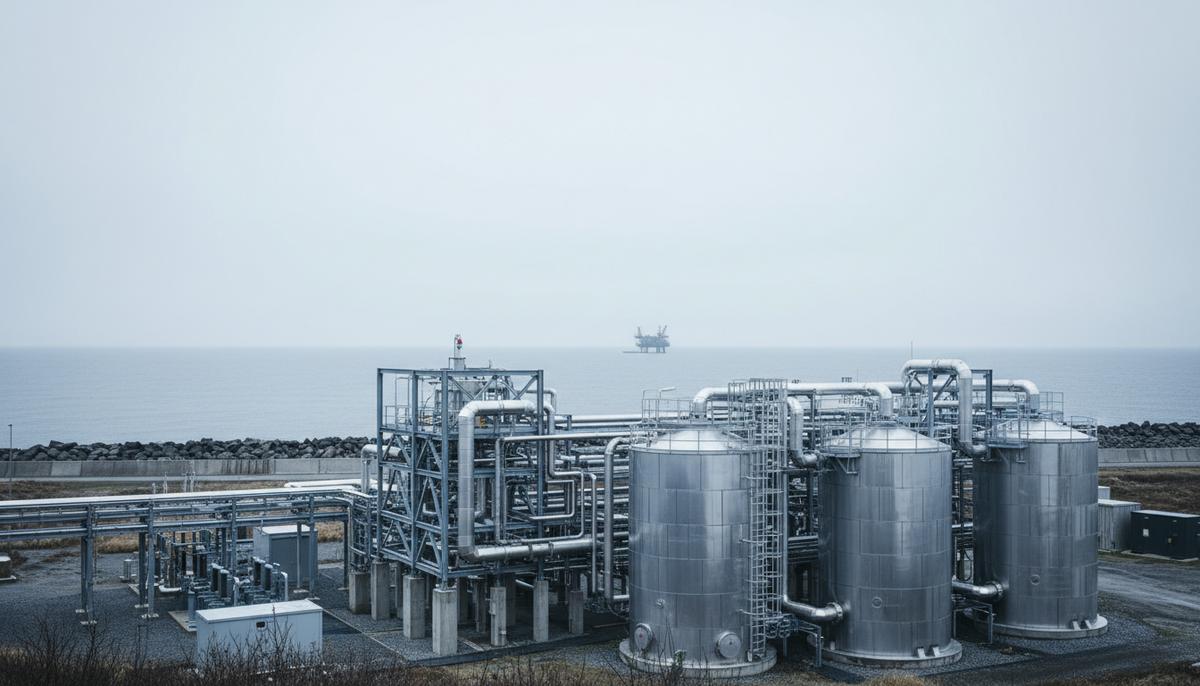 Современная установка по улавливанию и хранению углерода (УХУ) на побережье, резервуары для CO2 и морская платформа в море.