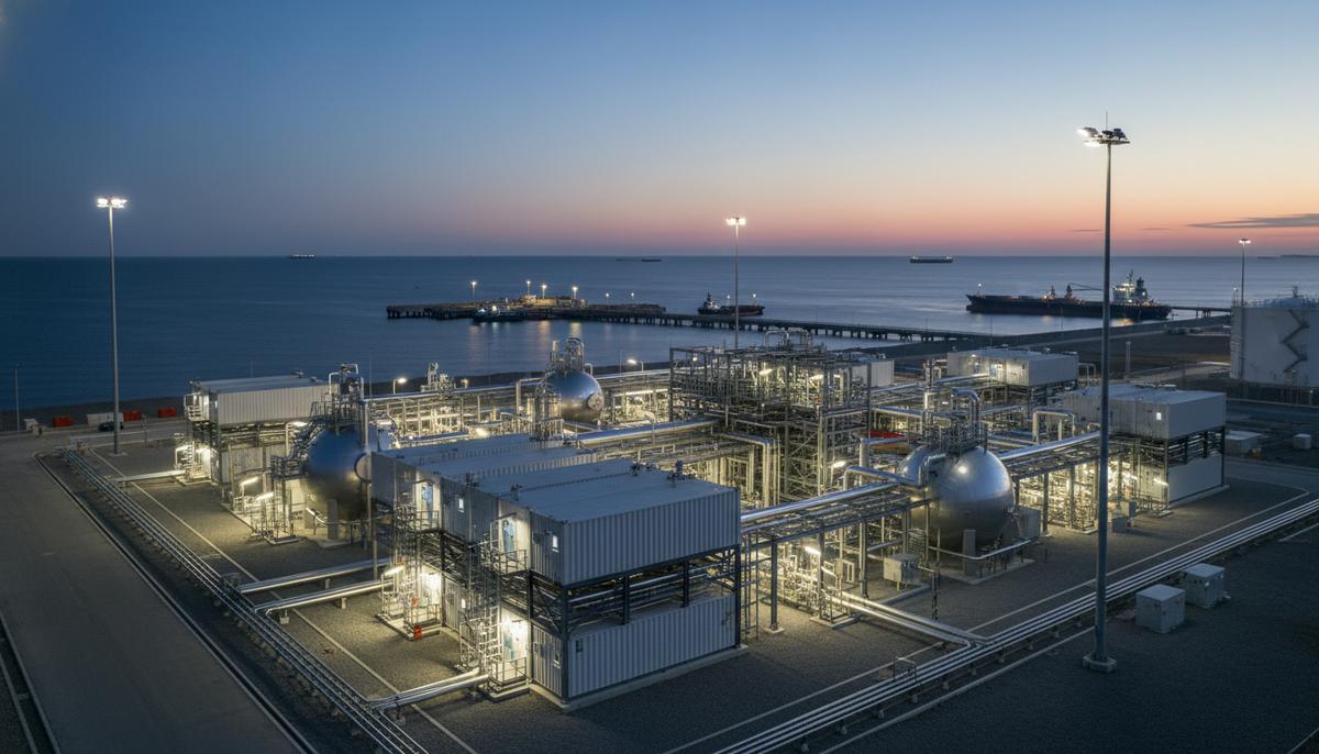 Современный модульный завод по сжижению природного газа (СПГ) на побережье в вечернее время. Промышленные модули, трубопроводы и резервуары.