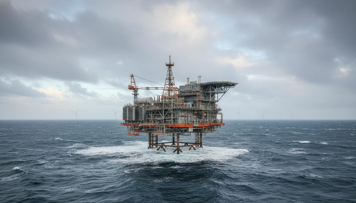 Крупная морская платформа-конвертер в Северном море, на горизонте видны ветряные турбины на фоне облачного неба.
