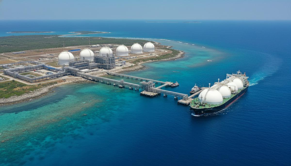 Крупный газовоз СПГ отплывает от морского терминала по сжижению газа с большими сферическими резервуарами на побережье.