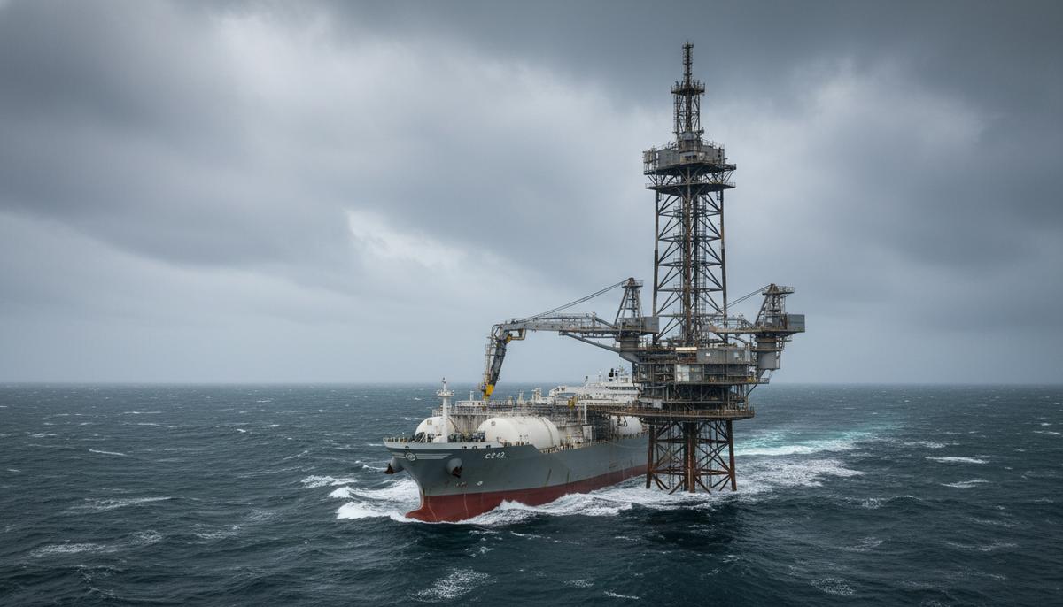 Морское башенное отгрузочное устройство в Северном море, к которому пришвартован танкер для перекачки сжиженного CO2.