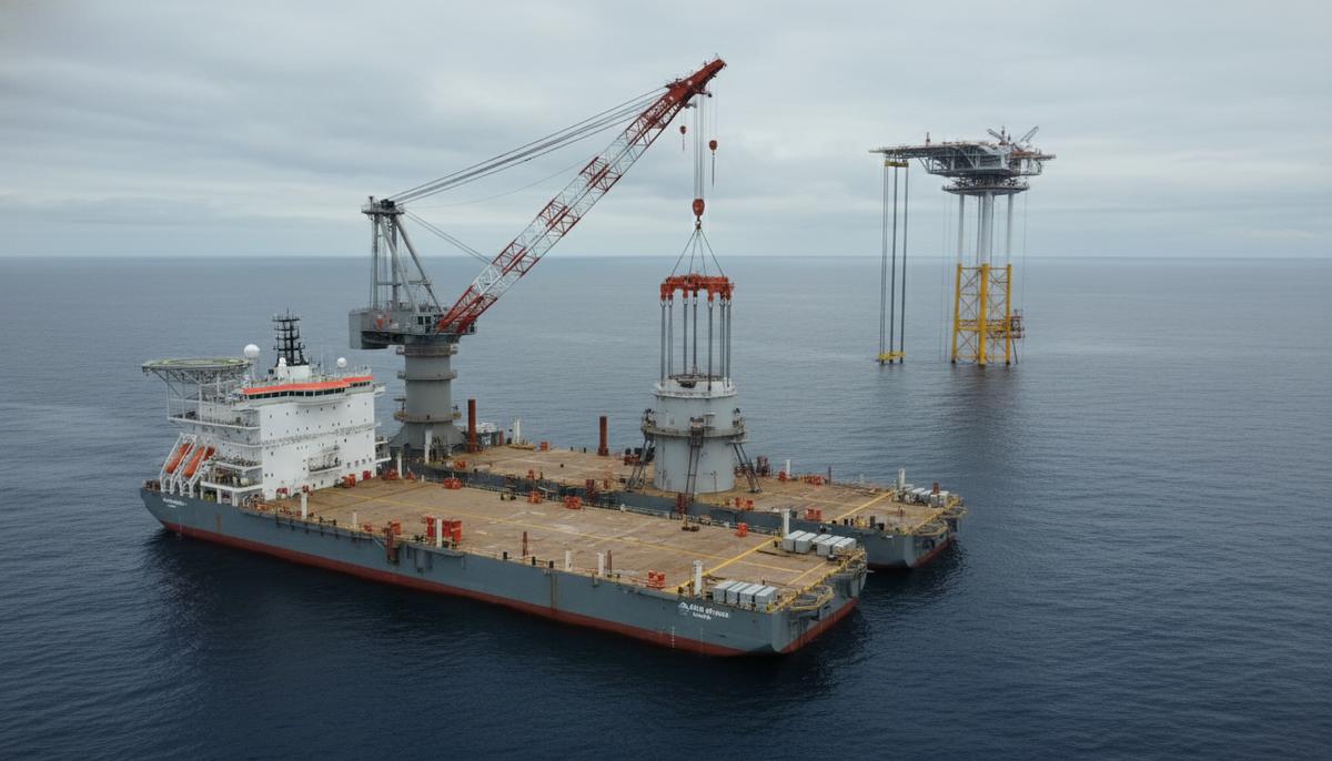 Большое судно-установщик с массивным краном на палубе в море рядом с морской ветряной турбиной.