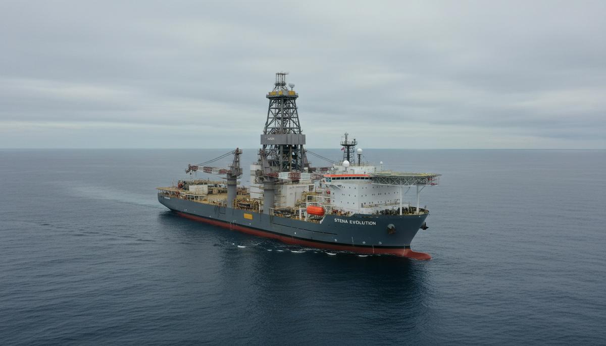 Современное буровое судно Stena Evolution в открытом море. Вид сбоку на палубу и высокую буровую вышку.