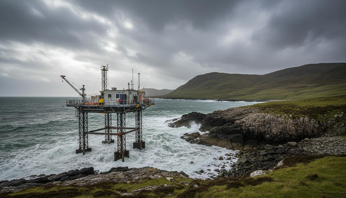 Самоподъемная морская платформа для проведения изысканий в море у скалистого побережья Шотландии в пасмурную погоду.
