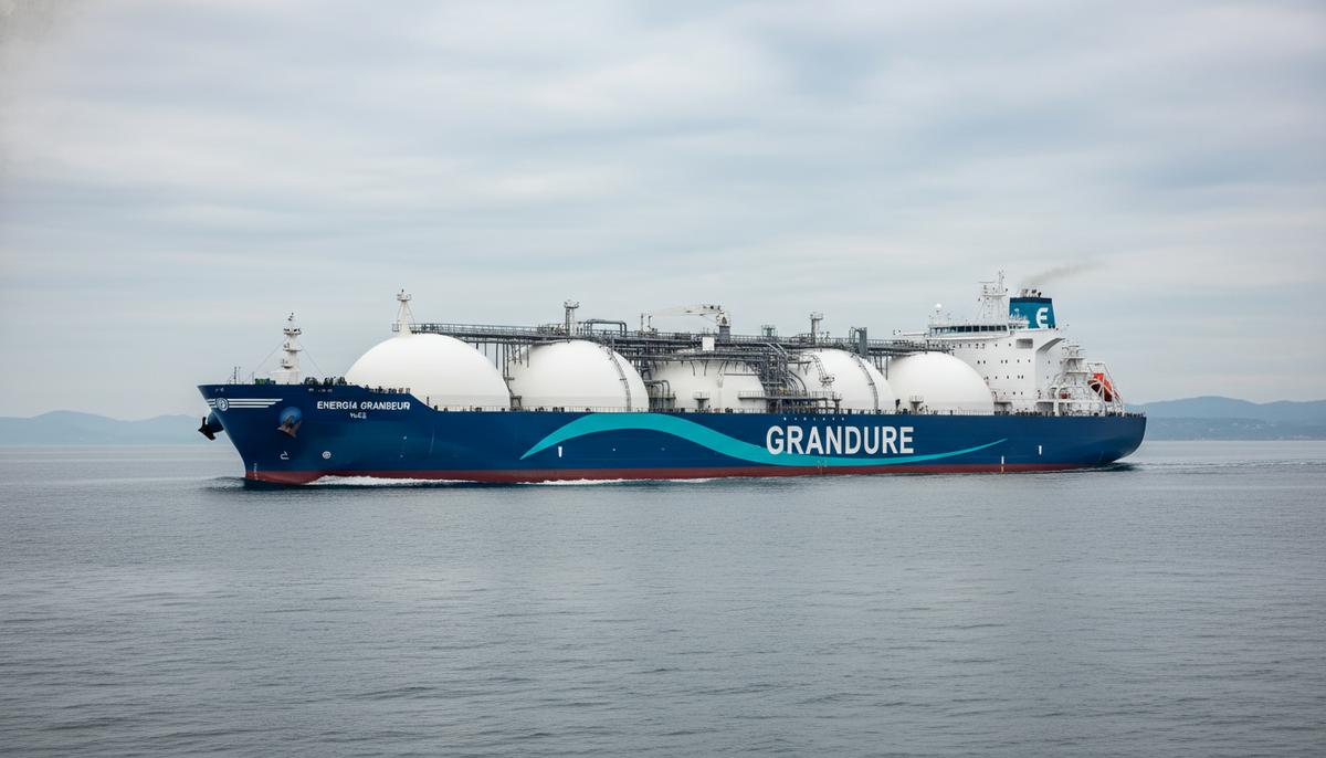 MOL пополнила флот газовозом на СУГ с возможностью перевозки аммиака Большой газовоз «Energia Grandeur» в море. У судна синий корпус с бирюзовой полосой.