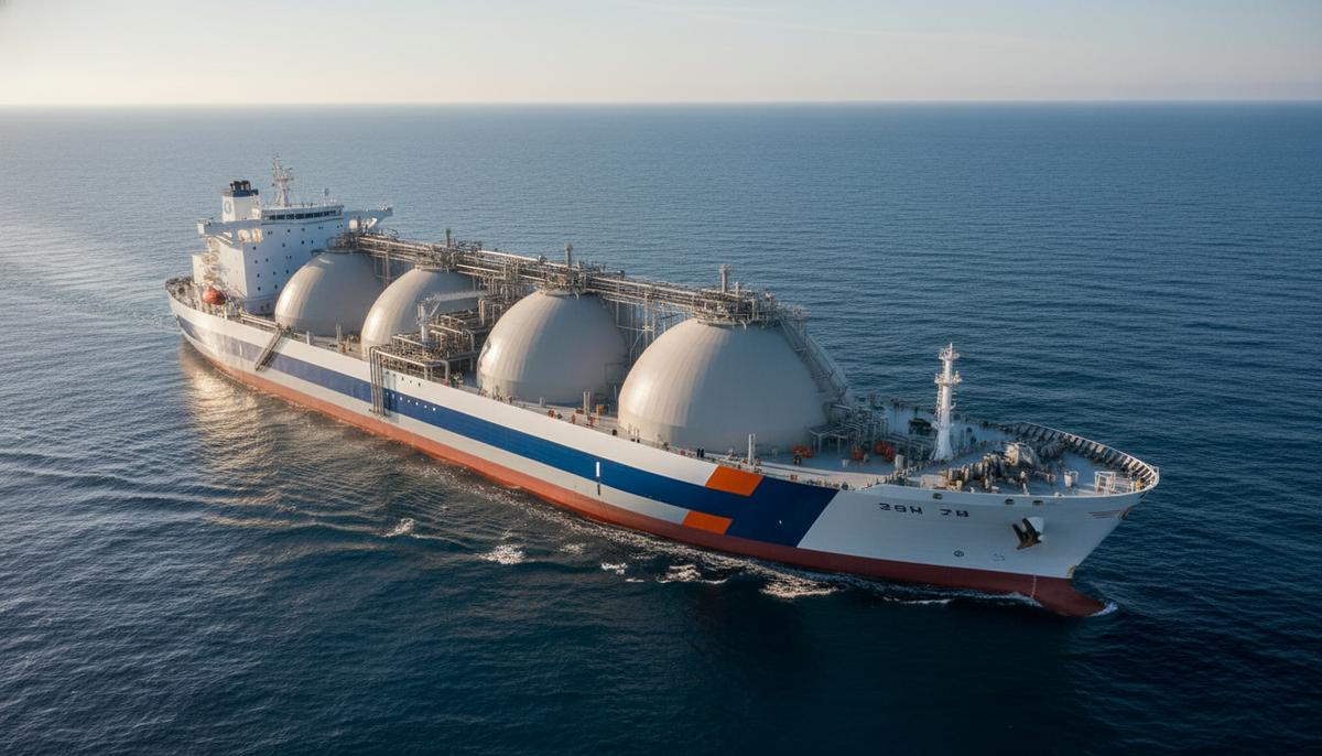 NYK заключила контракт с Cheniere на чартер новых газовозов СПГ Современный крупнотоннажный газовоз СПГ с белым корпусом идет по спокойному синему морю под ясным небом.