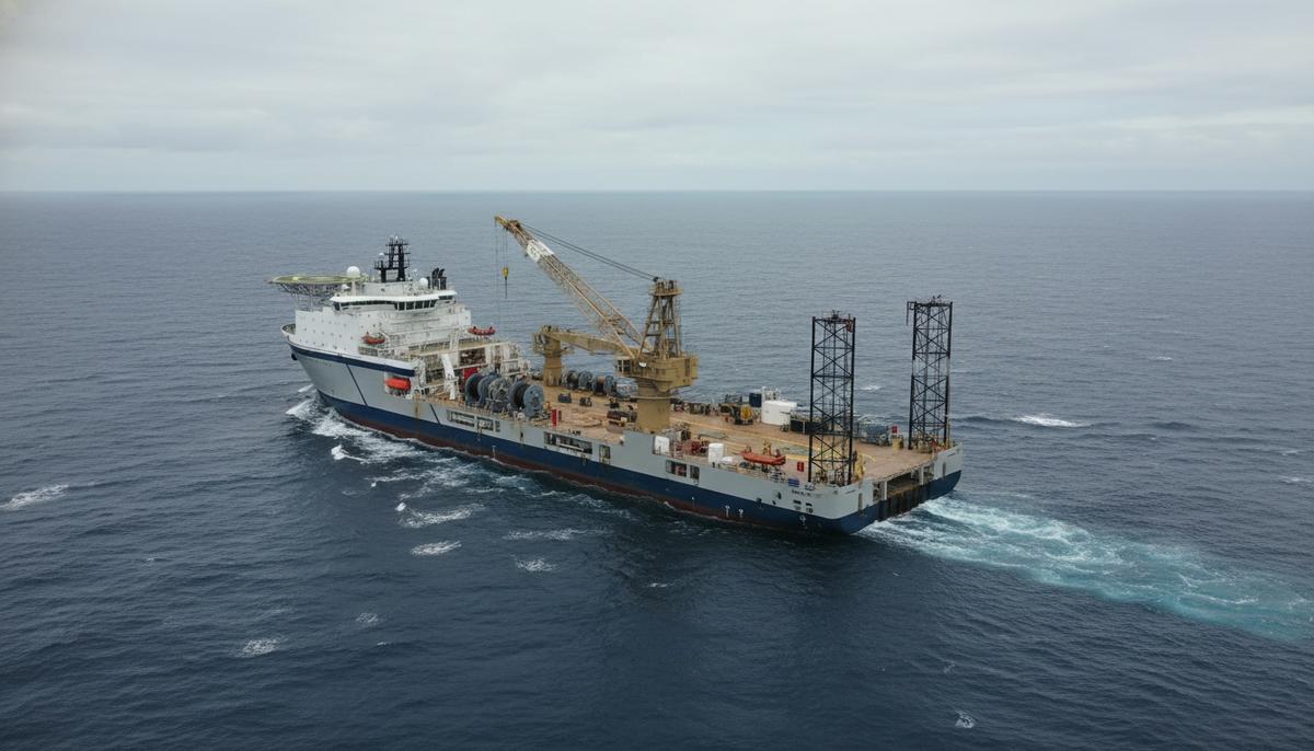 Большое судно поддержки морских строительных работ в открытом море. На палубе виден большой кран и специальное оборудование для подводных операций.